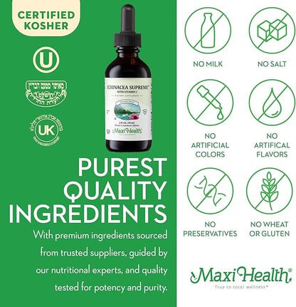Maxi Health - Organic Echinacea Supreme Liquid Extract with Vitamin C - Immune Support Supplement Echinacea Drops - 1000mg Echinacea Root & Whole Plant Herb Extract - 2 Fl Oz Immune Booster Bottle
