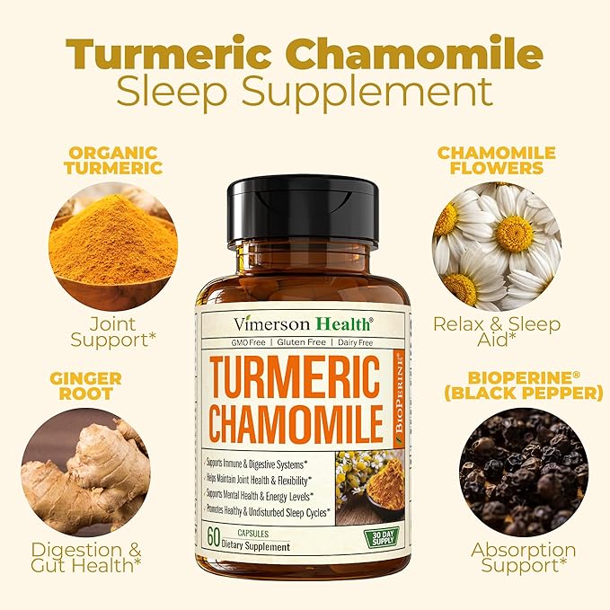 Turmeric Supplement & Chamomile Capsules for Sleep - Organic Turmeric Sleep Supplement with Chamomile Flowers Extract (Manzanilla) - Relaxation & Stress Support - Joint & Digestive Health. 60 Capsules