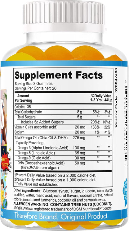 Therefore Kids Brain Booster Supplement Omega 3 for Kids & Teens, Focus Gummies Support Mental Clarity, Attention Concentration, Brain Supplements for Memory and Focus, Fruity Flavor 60 Gummy