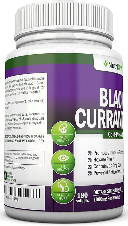 Black Currant Oil - 1000 Mg - 180 Softgels - Cold-Pressed Pure Black Currant Seed Oil - Hexane Free - 140mg GLA Per Serving - Regulates Hormonal Balance - Great for Immune System, Hair and Skin