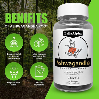 Ashwagandha Gummies - Natural Stress Reliever - 750mg Gummies - 60 Counts- Maintain Healthy Energy & Stress Levels, Green