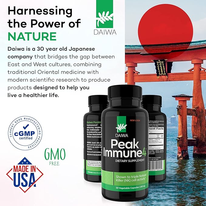 Daiwa PeakImmune4 - Natural Immune Support Supplement with RBAC Rice Bran and Mycelia Extract from Shiitake Mushrooms - Regular Strength