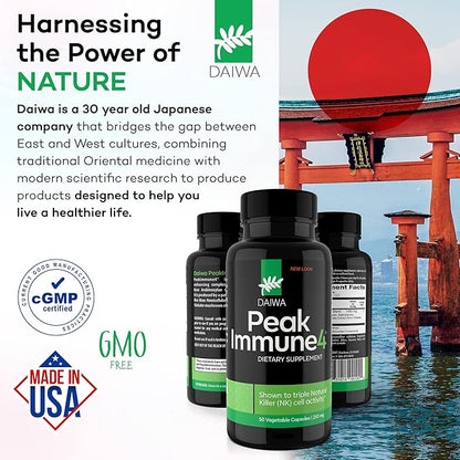 Daiwa PeakImmune4 - Natural Immune Support Supplement with RBAC Rice Bran and Mycelia Extract from Shiitake Mushrooms - Regular Strength