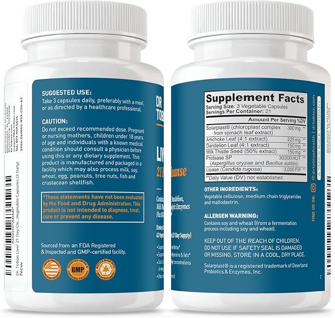 Dr. Tobias Liver 21 Day Cleanse, Herbal Liver Detox Cleanse with Solarplast, Artichoke Extract, Milk Thistle, Dandelion Extract & Digestive Enzymes, 63 Vegetable Capsules, 3 Daily, Pack of 2