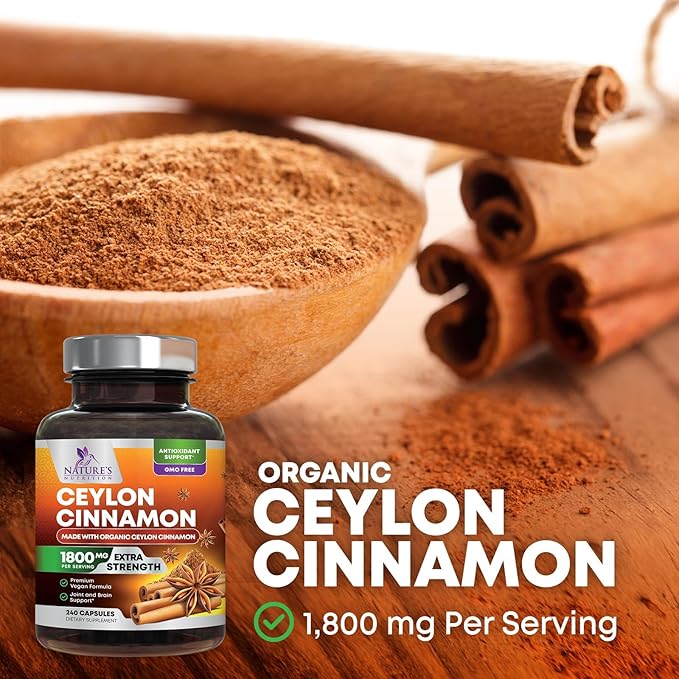 Organic Ceylon Cinnamon Supplement 1800mg - Certified Organic Ceylon Cinnamon Powder Pills - Energy & Heart Support for Women & Men, Bottled in USA, Antioxidant, Gluten Free, Non-GMO - 240 Capsules