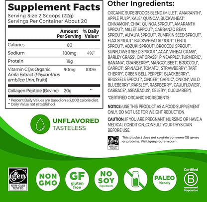 Orgain Hydrolyzed Collagen Powder + 50 Organic Superfoods For Women & Men, 20g Grass Fed Collagen with Vitamin C, Unflavored - Hair, Skin, Nail, & Joint Support Supplement, Non-GMO, Type I & III, 1lb