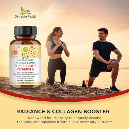 Organic Veda Superfruits Vitamin C Capsule with Acerola Cherry & Amla Berry - Whole Food Natural Vitamin C Supplement with Citrus Bioflavonoids for Immunity, Cellular & Skin Health - 120 Vegan Pills