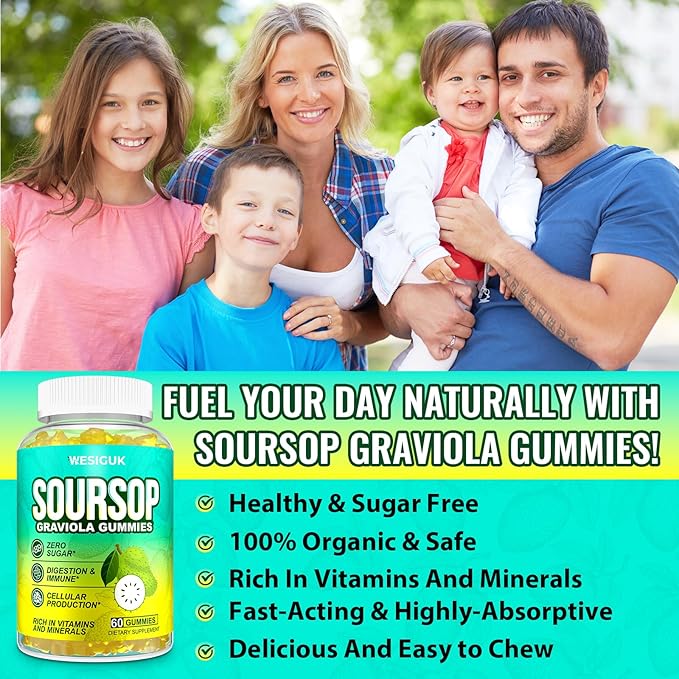 Soursop Graviola Gummies, Max Strength Soursop Leaves Extract with Sea Moss, Turmeric for Cell Support & Regeneration, Immunity, Liver and Antioxidant, Sugar/Gluten Free, Vegan - 60 Soursop Gummies