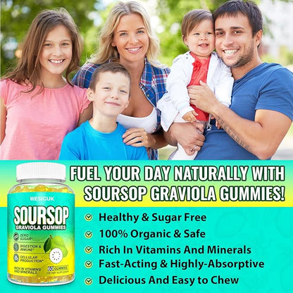 Soursop Graviola Gummies, Max Strength Soursop Leaves Extract with Sea Moss, Turmeric for Cell Support & Regeneration, Immunity, Liver and Antioxidant, Sugar/Gluten Free, Vegan - 60 Soursop Gummies