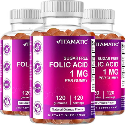 Vitamatic Folic Acid Gummies 1000 mcg (1 mg) - an Essential Prenatal Vitamins for Mom & Baby - Vitamin B9-120 Vegan Gummies (3)