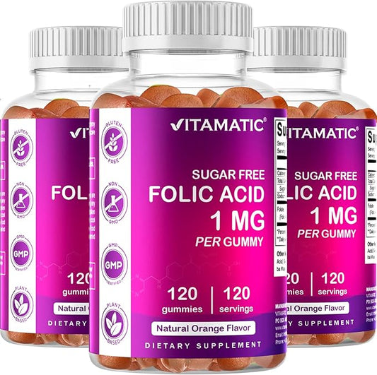 Vitamatic Folic Acid Gummies 1000 mcg (1 mg) - an Essential Prenatal Vitamins for Mom & Baby - Vitamin B9-120 Vegan Gummies (3)