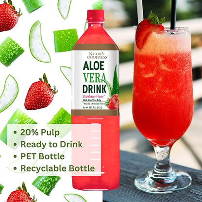 Nature's Goodness Aloe Vera Drink with Pulp Strawberry Flavor -12 Pack Case - 50.7 Fl Oz (1.5 L) Each - Total 18 Liters - Refreshing Beverage with Real Aloe Vera Juice