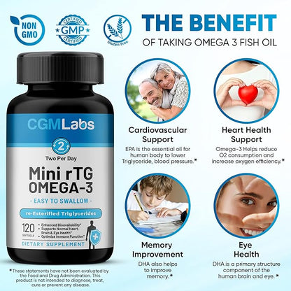 rTG Omega 3 Fish Oil Dietary Supplement - High Absorption & Fast Acting, Burpless Fish Oil Supplement from Anchovy. re-esterified Triglyceride w/EPA & DHA (as rTG) 960mg - 120 Softgels by CGM Labs