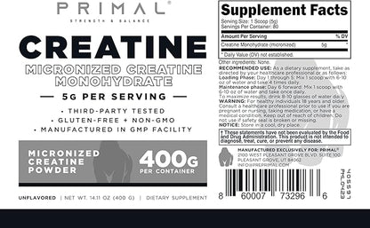 Primal Creatine Monohydrate Powder (400 Grams) | Unflavored Micronized Creatine Muscle Development Supplement for Pre-Workout & Recovery | 5g Creatine Monohydrate per Serving