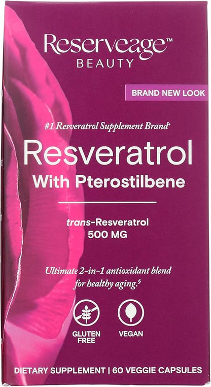 Reserveage Beauty, Resveratrol 500 mg with Pterostilbene, Antioxidant Supplement for Immune Support & Heart Health, Supports Healthy Aging, Paleo, Keto, 60 Capsules (60 Servings)
