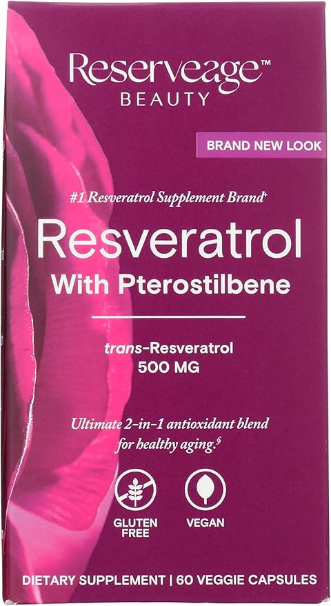 Reserveage Beauty, Resveratrol 500 mg with Pterostilbene, Antioxidant Supplement for Immune Support & Heart Health, Supports Healthy Aging, Paleo, Keto, 60 Capsules (60 Servings)