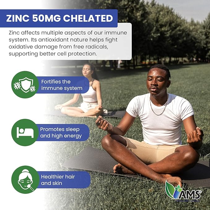 America Medic & Science Chelated Zinc 50 mg Supplements (2 Pack of 60 Tablets) Immune Booster and Powerful Antioxidant Pills for Adults Men and Women | Highly Absorbable Mineral, Improves Mood & Sleep