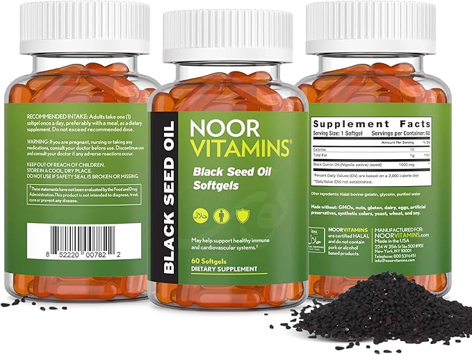Noor Vitamins Halal Black Seed Oil Capsules, Halal Vitamins, 1000 mg Black Seed Oil from Nigella Sativa, Thymoquinone, Non-GMO, Gluten Free, 60 Count