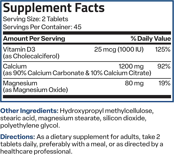 Bronson Calcium 1200 MG Per Serving Sustained Release with Vitamin D3 1000 IU Vitamin D3 Per Serving Non-GMO, 90 Tablets