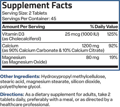 Bronson Calcium 1200 MG Per Serving Sustained Release with Vitamin D3 1000 IU Vitamin D3 Per Serving Non-GMO, 90 Tablets