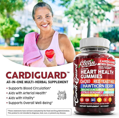 Clean Nutraceuticals Coq10 Gummies | Red Yeast Rice Hawthorn Berry Ginger Turmeric Citrus Bergamot Hibiscus Vitamin K2+D3 Magnesium Glycinate Cayenne Pepper Fenugreek Orange Flavor CardiGuard