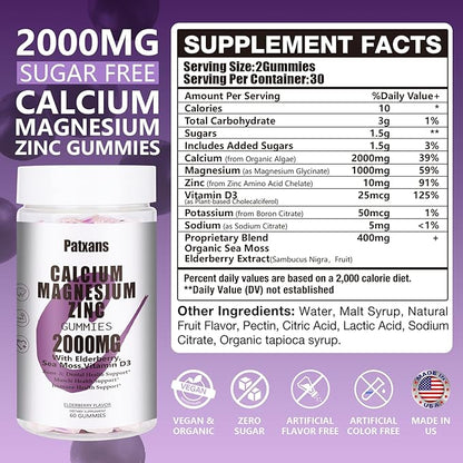 1 Pack 2000MG Calcium Magnesium Zinc Gummies with Vitamin D3 & Elderberry, Sea Moss for Bone ＆ Tooth Strength, Muscle ＆ Immunity, Sugar-Free, Vegan, Blueberry Flavor, 60ct.