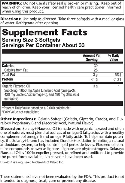 SOLARAY Flaxseed Oil, Softgel (Btl-Plastic) 1000mg 100ct