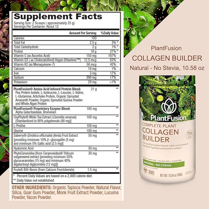 PlantFusion Vegan Collagen Powder - Plant Based Collagen Protein Powder For Muscle & Joints, Hair, Skin & Nails - Keto, Gluten Free, Soy Free, Non-Dairy, No Sugar, Non-GMO - Unflavored 10.58 oz