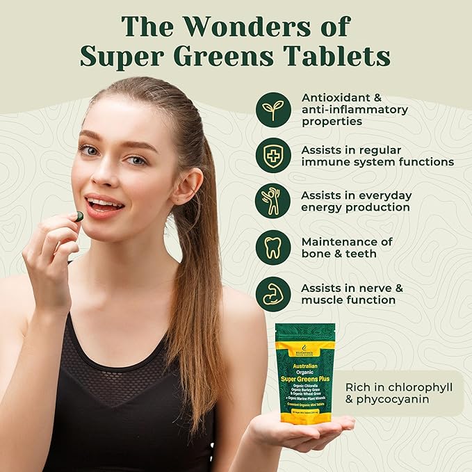 Biogenesis Australian Organic SuperGreens Plus Chlorella, Barley Grass, Wheat Grass, Marine Plant Minerals Australia, Tablets (200 mg) (300 Count)