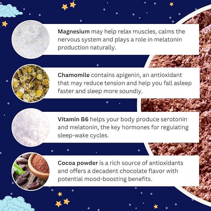 Natural Pre-Sleep Aid for Adults | Cocoa | Chamomile | Magnesium Glycinate 200mg | Vitamin B6 | Vitamin D | Gluten-Free | Zero Sugar | Non-Habit Forming | Sleep Support | 30-day Supply