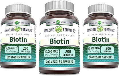 Amazing Formulas Biotin 10000 mcg | 200 Veggie Capsules | Vitamin B7 Supplement | Non-GMO | Gluten Free | Made in USA 3 Pack