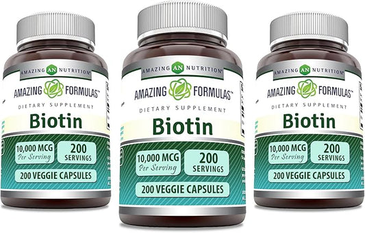 Amazing Formulas Biotin 10000 mcg | 200 Veggie Capsules | Vitamin B7 Supplement | Non-GMO | Gluten Free | Made in USA 3 Pack
