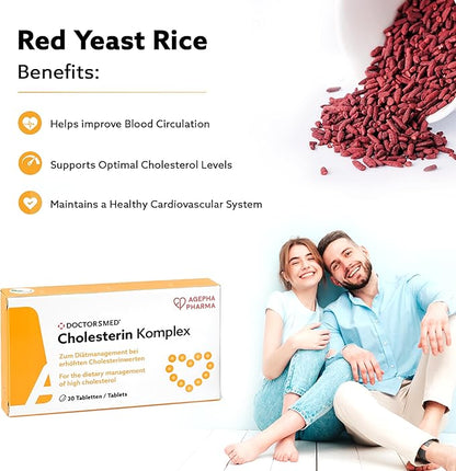 Cholesterin Komplex | 30 Vegan Tablets | Supplement to Maintain Cholesterol Levels | Red Yeast Rice Extract with Monacolin K | Gluten-Free, Lactose-Free | Manufactured in Europe