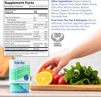 FIRST DAY Toddler Multivitamins Gummies for Kids & Toddlers Ages 2-3, Delicious Strawberry & Orange Toddler Vitamins Multivitamin with Choline, Vitamins A C D3 B1 B2 B6 B12 K2 Folate - 30 Day Supply