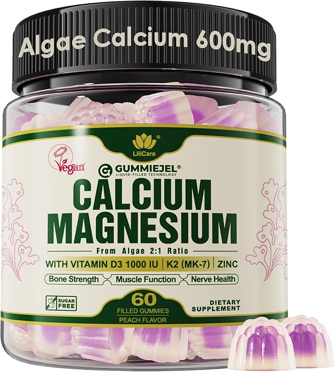 Plant Based Calcium Gummies 600mg with Vitamin D3 K2, Zinc for Bone Strength, Calcium Supplements for Women (Certified Vegan) Sustainably Sourced Algae Calcium Magnesium 2:1 Ratio, Sugar Free - 60 Cts