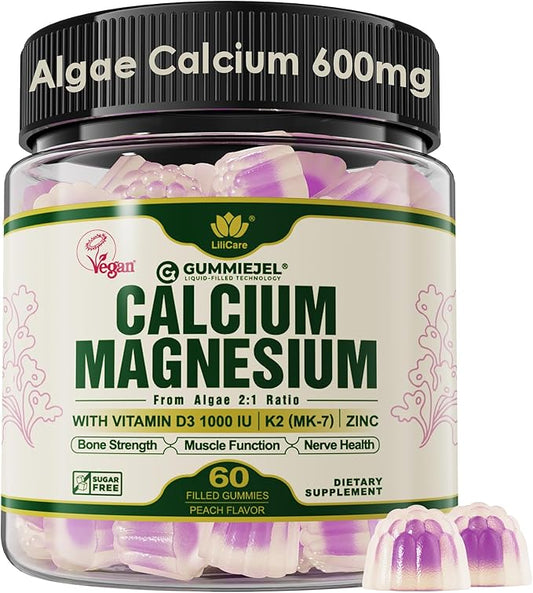 Plant Based Calcium Gummies 600mg with Vitamin D3 K2, Zinc for Bone Strength, Calcium Supplements for Women (Certified Vegan) Sustainably Sourced Algae Calcium Magnesium 2:1 Ratio, Sugar Free - 60 Cts
