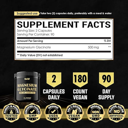 Magnesium Glycinate 500mg with 18% Pure Elemental Magnesium Compound Supplement - 180 Capsules - Powerful Benefits for Support Bone Health, Muscle Growth, Comfortable Mood & Heart Health