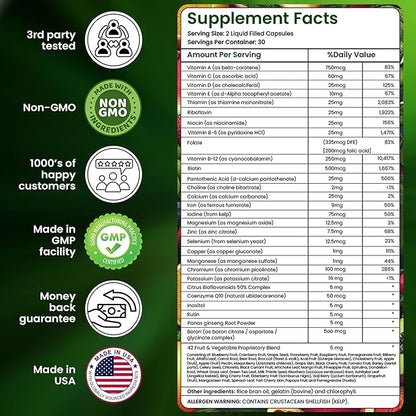Multivitamins/Minerals Capsules with Zinc and Premium 42 Fruits and Veggies Blend for Immune Support Daily Multivitamin Capsule Antioxidant Supplement for Immunity System 60 Capsules