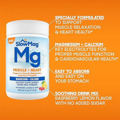 SlowMag® Magnesium Powder, Magnesium + Calcium Supplement Drink Mix, Raspberry Lemon Flavor, Supports Muscle Relaxation & Heart Health, 4oz