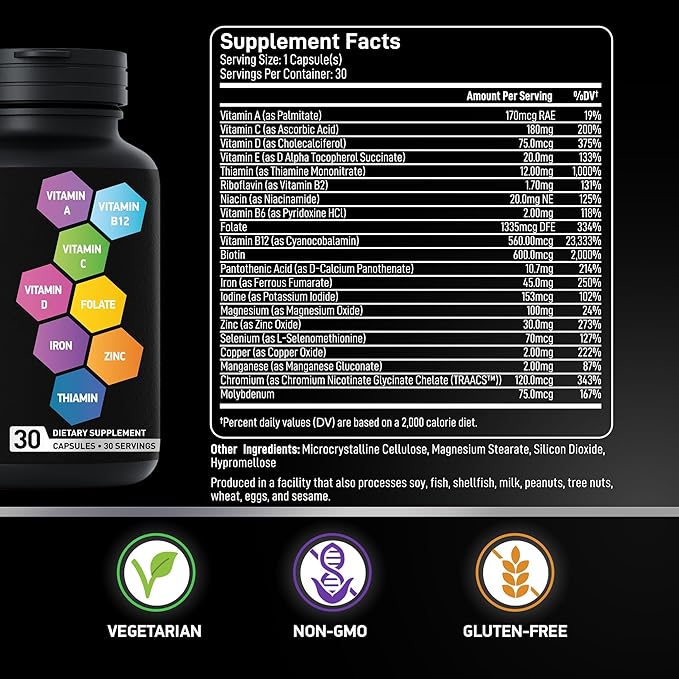 Bariatric Multivitamin with Iron for Women & Men - Post Gastric Bypass Vitamins and Gastric Sleeve Bariatric Iron Vitamin Multivitamins -Non-GMO, Gluten-Free -One a Day, 30 Capsules