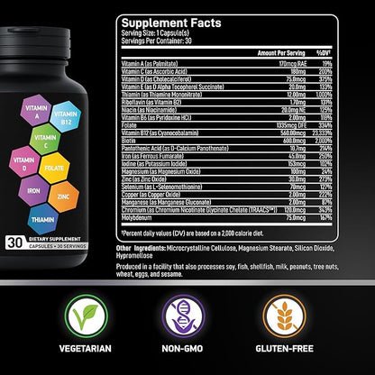 Bariatric Multivitamin with Iron for Women & Men - Post Gastric Bypass Vitamins and Gastric Sleeve Bariatric Iron Vitamin Multivitamins -Non-GMO, Gluten-Free -One a Day, 30 Capsules