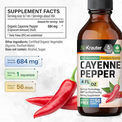 BIO KRAUTER Cayenne Pepper Extract Liquid - Pure Capsaicin Extract - Liquid Cayenne Pepper Drops for Digestive Support - Sugar & Alcohol Free 4 Fl.Oz.