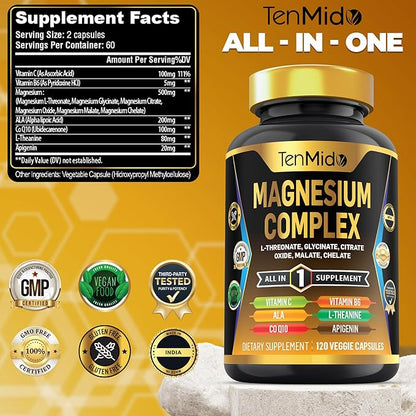 Magnesium Complex Supplement - 6 Types of Magnesium Glycinate, L-Threonate, Citrate, Oxide, Malate, Chelate - Combine with ALA, CoQ10, L-Theanine, Apigenin & More - 120 Capsules