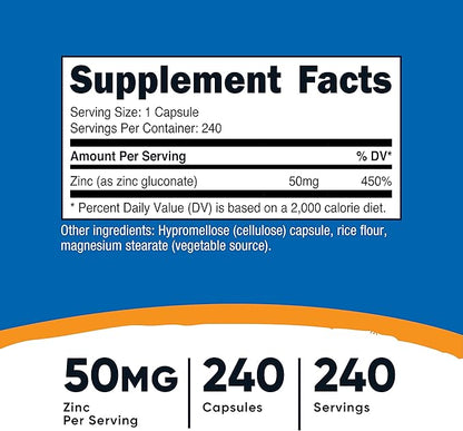 Nutricost Zinc Gluconate 240 Veggie Capsules (50mg) (3 Bottles) - Gluten Free and Non-GMO