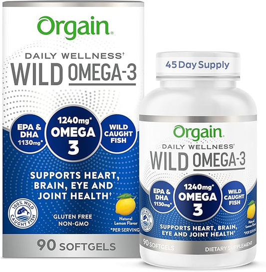 Orgain Fish Oil Omega 3 Supplement 1240mg, EPA & DHA 1130mg, Supports Joint, Eye, Brain & Heart Health, No Mercury or Toxins, Sustainably Sourced from Wild-Caught Fish - 90 Softgels, 45 Day Supply