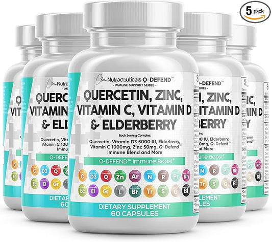 Clean Nutraceuticals Quercetin Zinc Vitamin C Vitamin D Bromelain Elderberry - Immune Defense Support Supplement Adults w Artemisinin, Sea Moss, Echinacea, Garlic Allergy Relief (5pack)