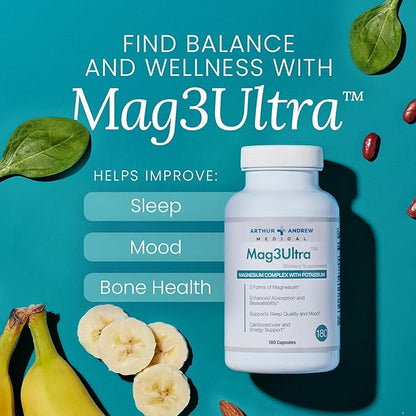 Arthur Andrew Medical, Mag3Ultra Triple Magnesium Supplement, Sucrosomial, Bisglycinate, Taurate for Muscle, Stress, Mood, Nerve, Bone & Heart Support, 90 Capsules