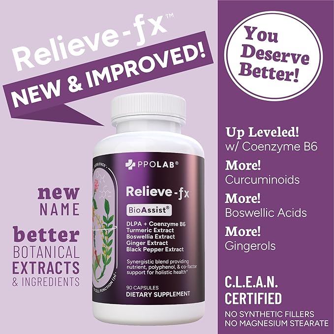 Relieve-fx™ Extra Strength Turmeric Curcumin Supplement with Black Pepper, Boswellia, Ginger, DLPA, Inflammation Health, Joint Support, Mood Relief, Detox Factor, Digestion, 90 Vegan Capsules