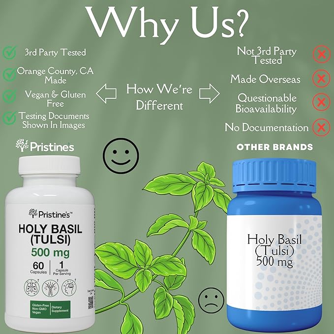 PRISTINE'S Holy Basil (Tulsi) 500 mg Relaxation & Immunity Support Adaptogen Supplement - 60 Day Supply - Holy Basil Leaf Capsules - Vegan - Non-GMO - Gluten Free Supplements