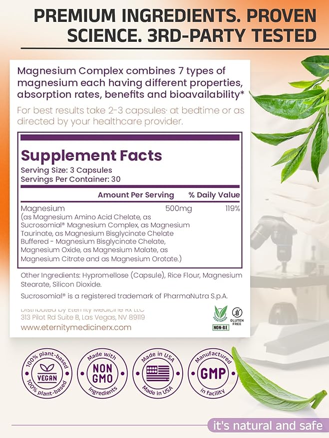 Magnesium Complex – 500mg | Orotate, Citrate, Malate, Taurinate, Oxide & Bisglycinate Chelate – High Absorption Supplement for Sleep, Energy, Muscle & Nerve Support – 90 Capsules